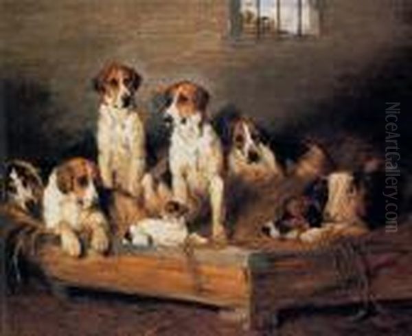 Foxhounds And A Terrier In A Kennel Oil Painting by John Emms