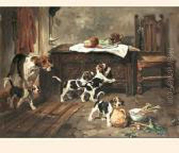 A Hound And Puppies In An Interior Oil Painting by John Emms