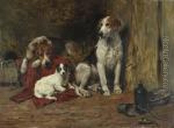 Hounds And A Jack Russell In A Stable Oil Painting by John Emms