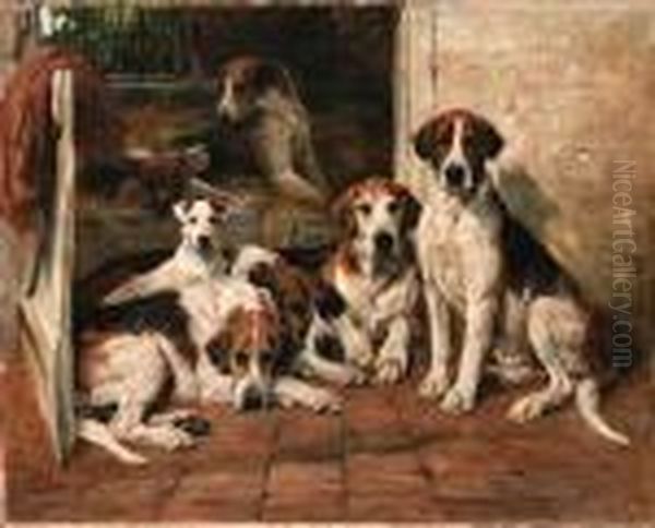 Hours Of Idleness; Foxhounds And A Terrier In A Kennel Oil Painting by John Emms