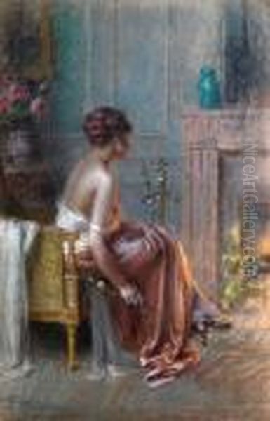 Junge Dame Am Kaminfeuer Oil Painting by Delphin Enjolras