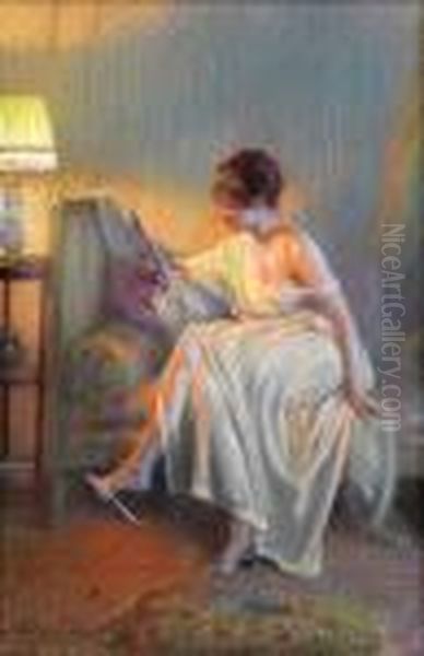 Junge Frau Im Neglige Auf Einem Bettsofa Mit Handspiegel Oil Painting by Delphin Enjolras