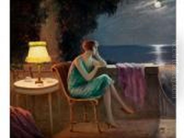 Junge Frau Auf Terrasse Vor Meer Bei Mondschein Oil Painting by Delphin Enjolras