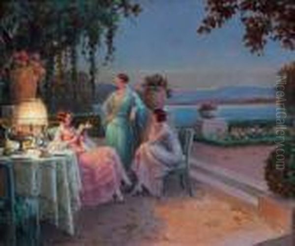 La Lecture, Trois Elegantes Sur La Terrasse Oil Painting by Delphin Enjolras