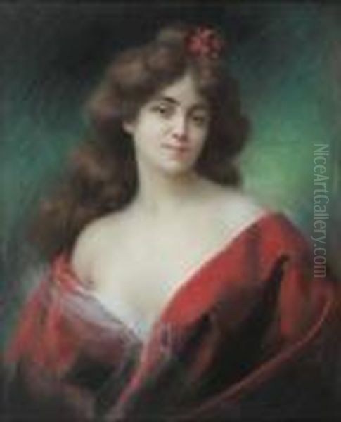 Portrait De Femme A La Robe Rouge Oil Painting by Delphin Enjolras