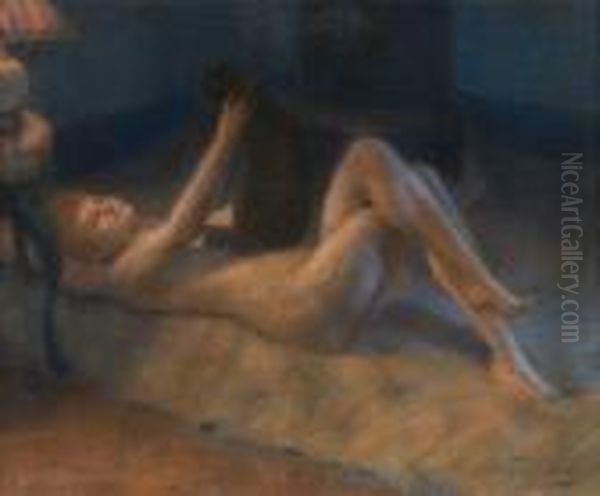 Nu Allonge Jouant Avec Son Chat Oil Painting by Delphin Enjolras