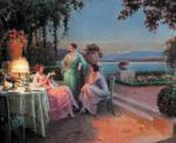 Trois Elegantes Sur Une Terrasse. Oil Painting by Delphin Enjolras