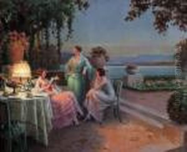 Trois Elegantes Sur La Terrasse Au Coucher Du Soleil Oil Painting by Delphin Enjolras