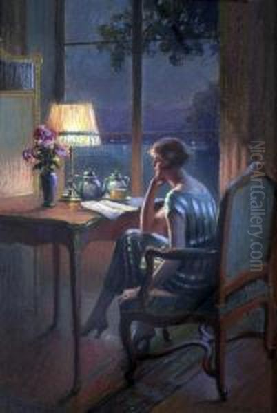 Reading By Lamplight Oil Painting by Delphin Enjolras