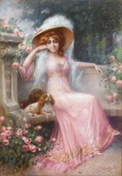 An Elegant Lady With Her Cavalier King Charles Spaniels Oil Painting by Delphin Enjolras