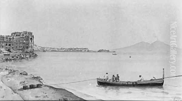 Fishermen moored before the Bay of Naples with Vesuvius beyond Oil Painting by Vincenzo Loria