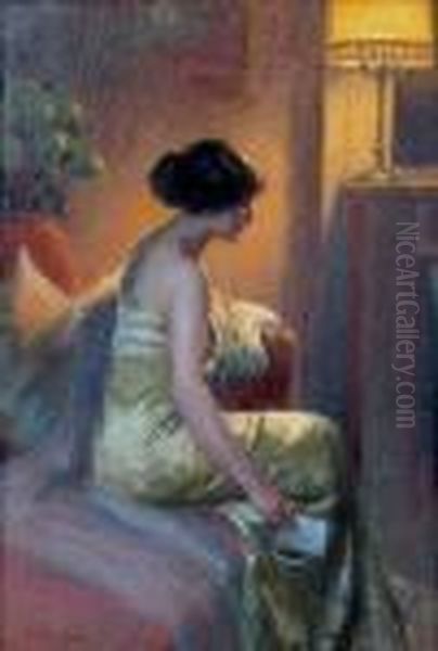 Femme Assise A La Lettre Oil Painting by Delphin Enjolras