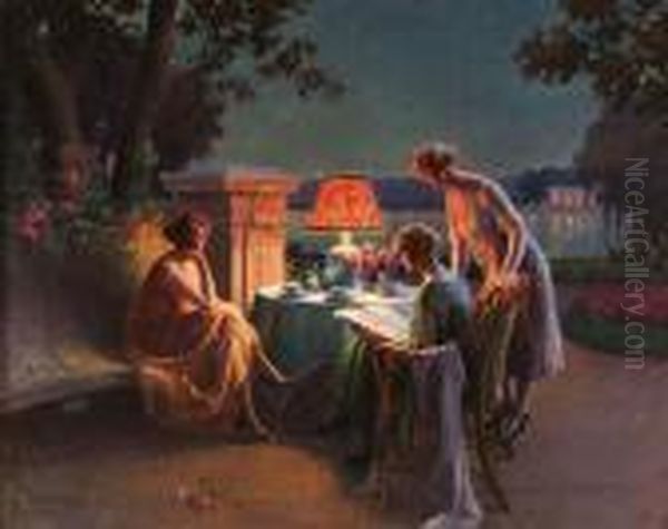 Trois Femmes Sur La Terrasse. Oil Painting by Delphin Enjolras