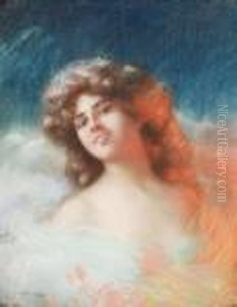 Portrait Of A Lady With Long Hair, Wearing A White Gown. Pastel On Cardboard, Signed Oil Painting by Delphin Enjolras