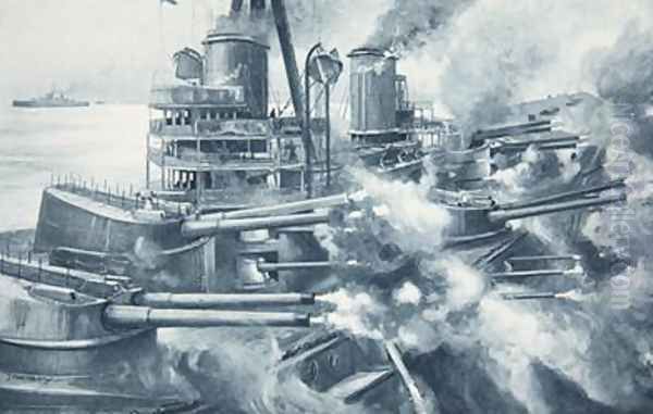 Biting with all her teeth at once the tremendous power of a Great modern Battleships broadside Oil Painting by Charles John de Lacy