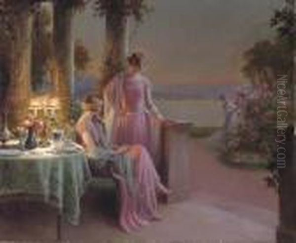 Elegant Ladies Taking Tea Oil Painting by Delphin Enjolras