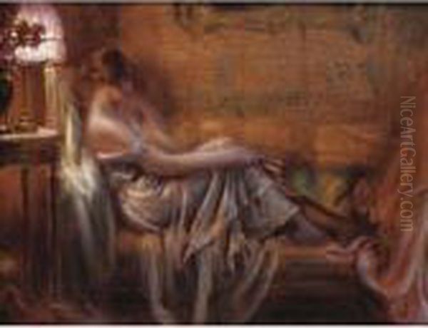 Reading By Lamp Light Oil Painting by Delphin Enjolras