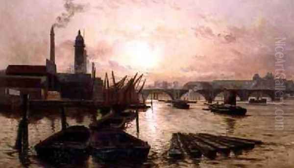 The Old Hungerford Bridge on the River Thames Oil Painting by Charles John de Lacy