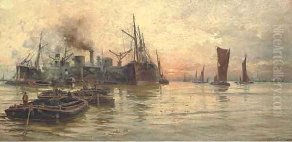 The bustling Thames at dusk Oil Painting by Charles John de Lacy