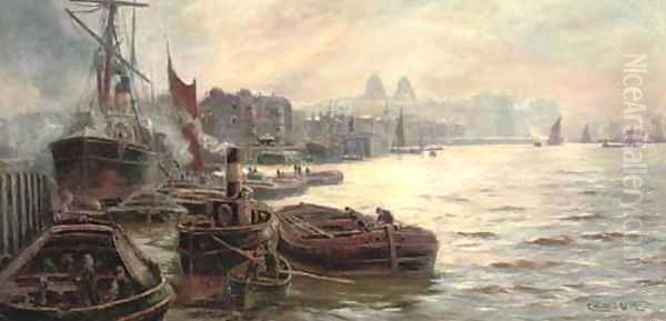 The busy docks at Greenwich Oil Painting by Charles John de Lacy