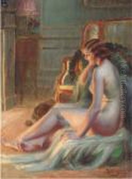 A Nude By The Fire Oil Painting by Delphin Enjolras