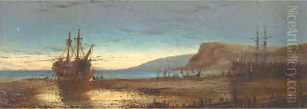 A hulk on a beach at dusk Oil Painting by Charles John de Lacy