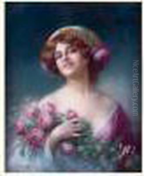 Jeune Femme A La Gerbe De Roses Oil Painting by Delphin Enjolras