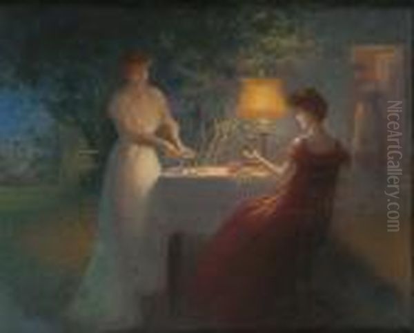 Arranging Flowers By Lamplight Oil Painting by Delphin Enjolras