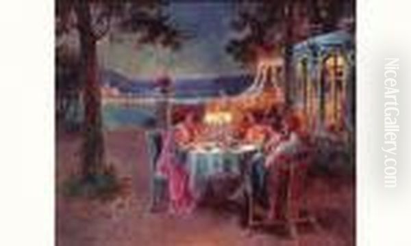 Conversation Le Soir Au Bord Du Lac. Oil Painting by Delphin Enjolras