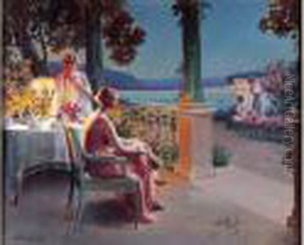 Le Soir Sur La Terrasse. Oil Painting by Delphin Enjolras