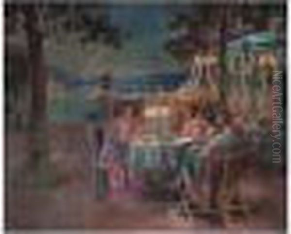 Ladies At A Table, Early Evening, South Of France Oil Painting by Delphin Enjolras