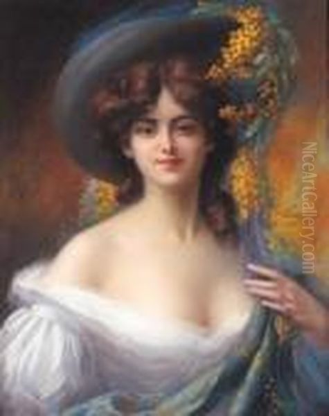 A Young Beauty In A Hat Decorated With Yellow Flowers Oil Painting by Delphin Enjolras