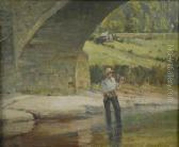 Fishing Under A Bridge Oil Painting by John Joseph Enneking