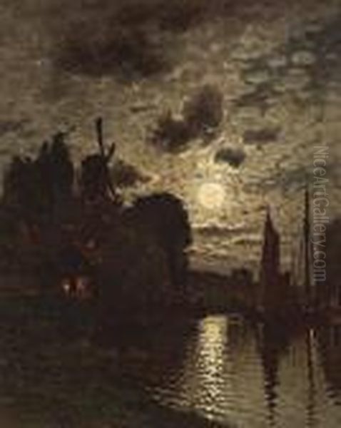 Moonlit Harbor Oil Painting by John Joseph Enneking