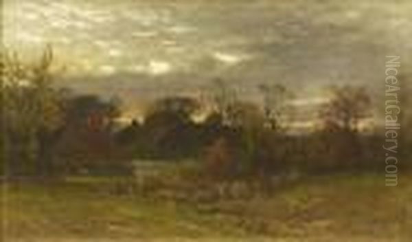 Houses In A Landscape Oil Painting by John Joseph Enneking