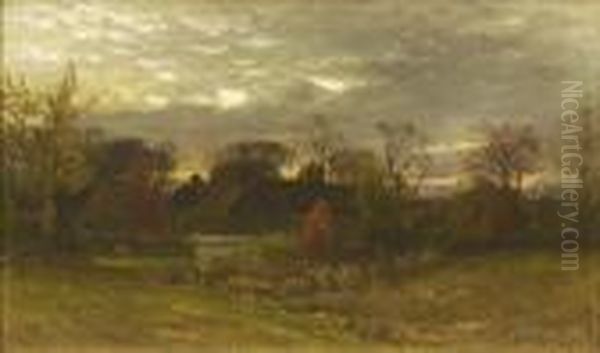 Houses In A Landscape. Oil Painting by John Joseph Enneking