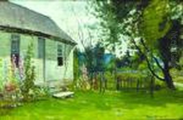 Summer Cottage With Hollyhocks Oil Painting by John Joseph Enneking