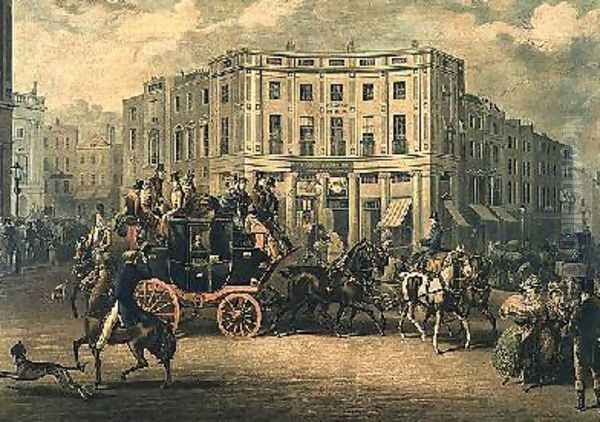 The Age Brighton Coach at the Bull and Mouth Regent Circus Oil Painting by E. F. Lambert