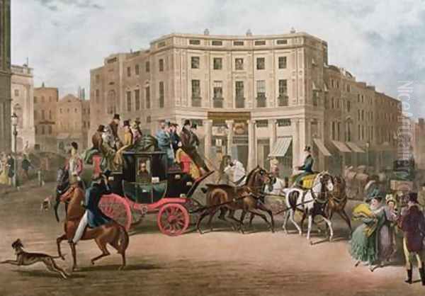 The Age Brighton Coach at the Bull and Mouth Regent Circus Piccadilly Oil Painting by E. F. Lambert