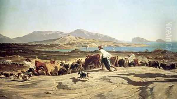 Cattle herding near Marseilles 1853 Oil Painting by Emile Loubon