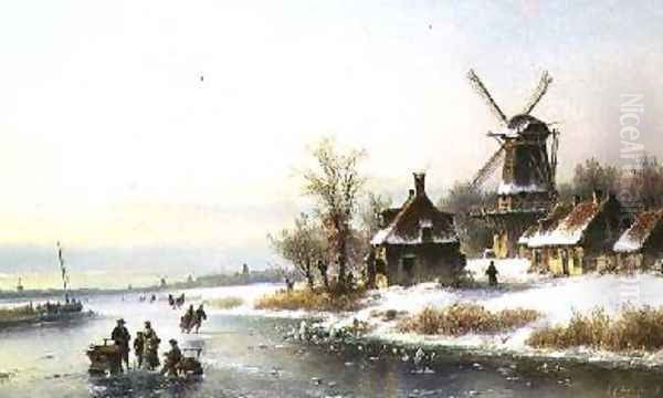 Winter Landscape with a Windmill Oil Painting by J. Kleyn Lodewyk