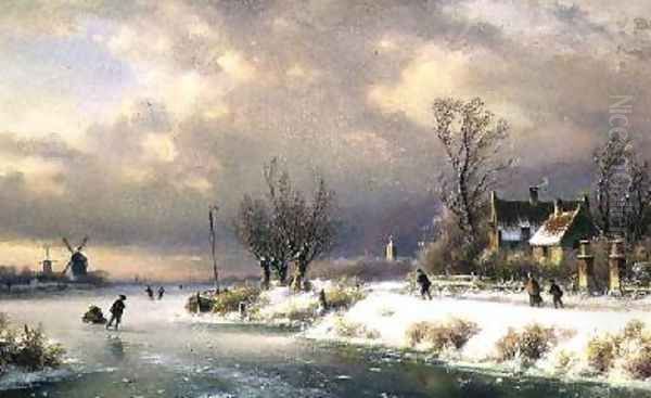 Frozen River Scene Oil Painting by J. Kleyn Lodewyk