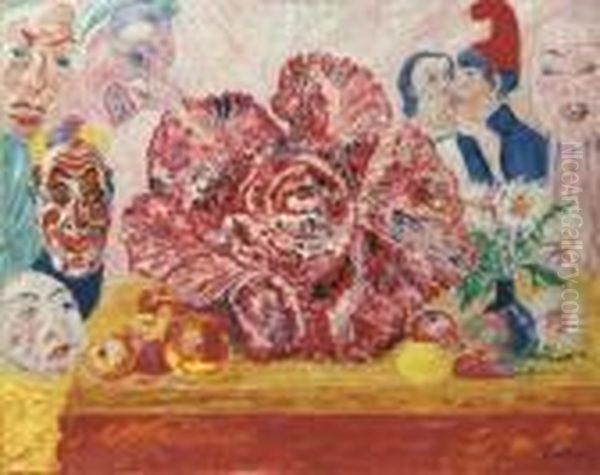 Chou Rouge Et Masques Oil Painting by James Ensor