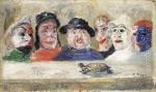 Masques Regardant Une Tortue Oil Painting by James Ensor