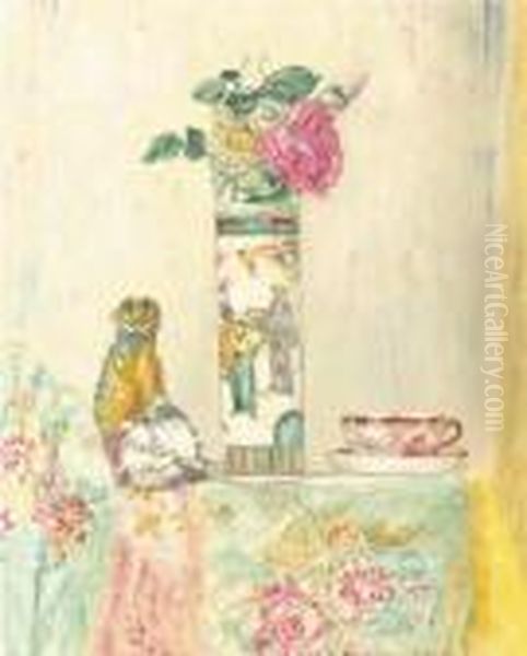 A Still Life With Roses In A Vase And Chinoiseries On A Draped Table Oil Painting by James Ensor