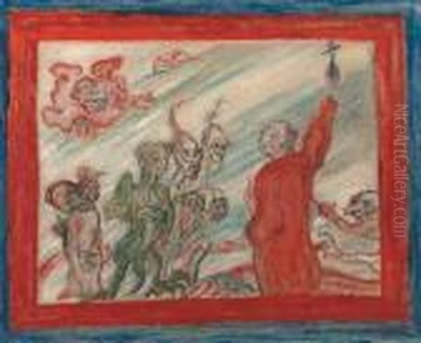 Diables Turlupant Un Religieux - Devils Teasing A Monk Oil Painting by James Ensor