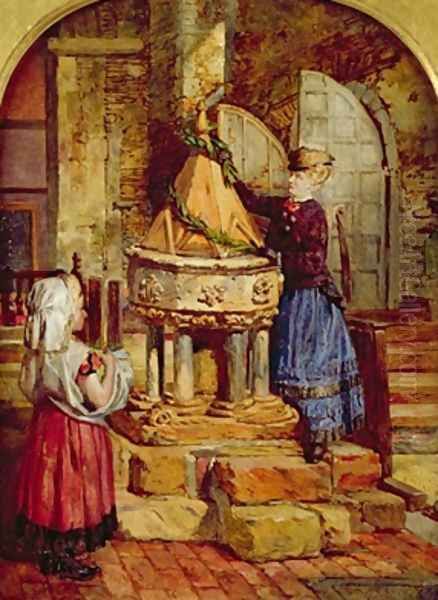 Decorating the Old Font 1871 Oil Painting by James Lobley