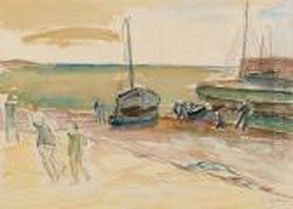 Boats On The Beach Oil Painting by Henri Epstein