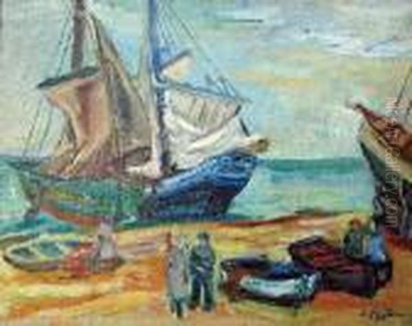 Lodzie Rybackie Na Brzegu Oil Painting by Henri Epstein