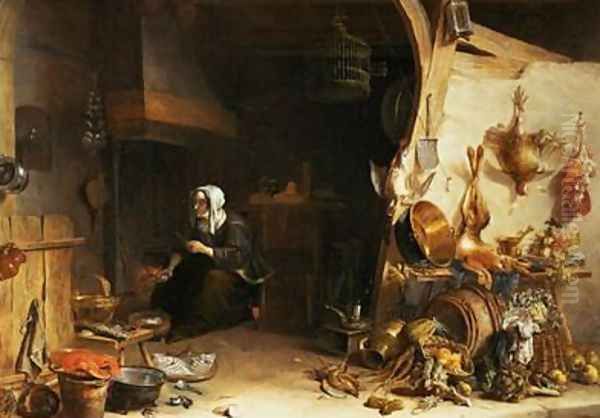 A Kitchen Interior with a Servant Girl Surrounded by Utensils Vegetables and a Lobster on a Plate Oil Painting by Cornelis van Lelienbergh